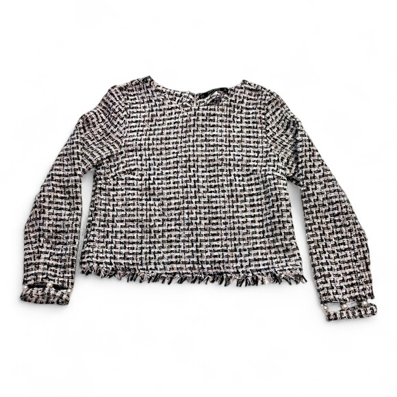 Zara Sweaters - Zara Black & White Tweed Pearl-Cuff Crew Sweater Size S